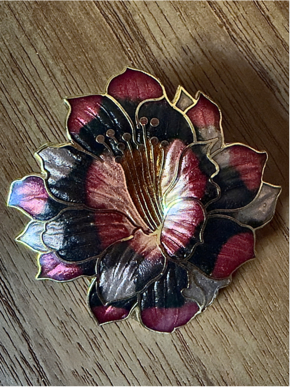 Vintage Cloisonné Hibiscus Brooch Scarf Clip